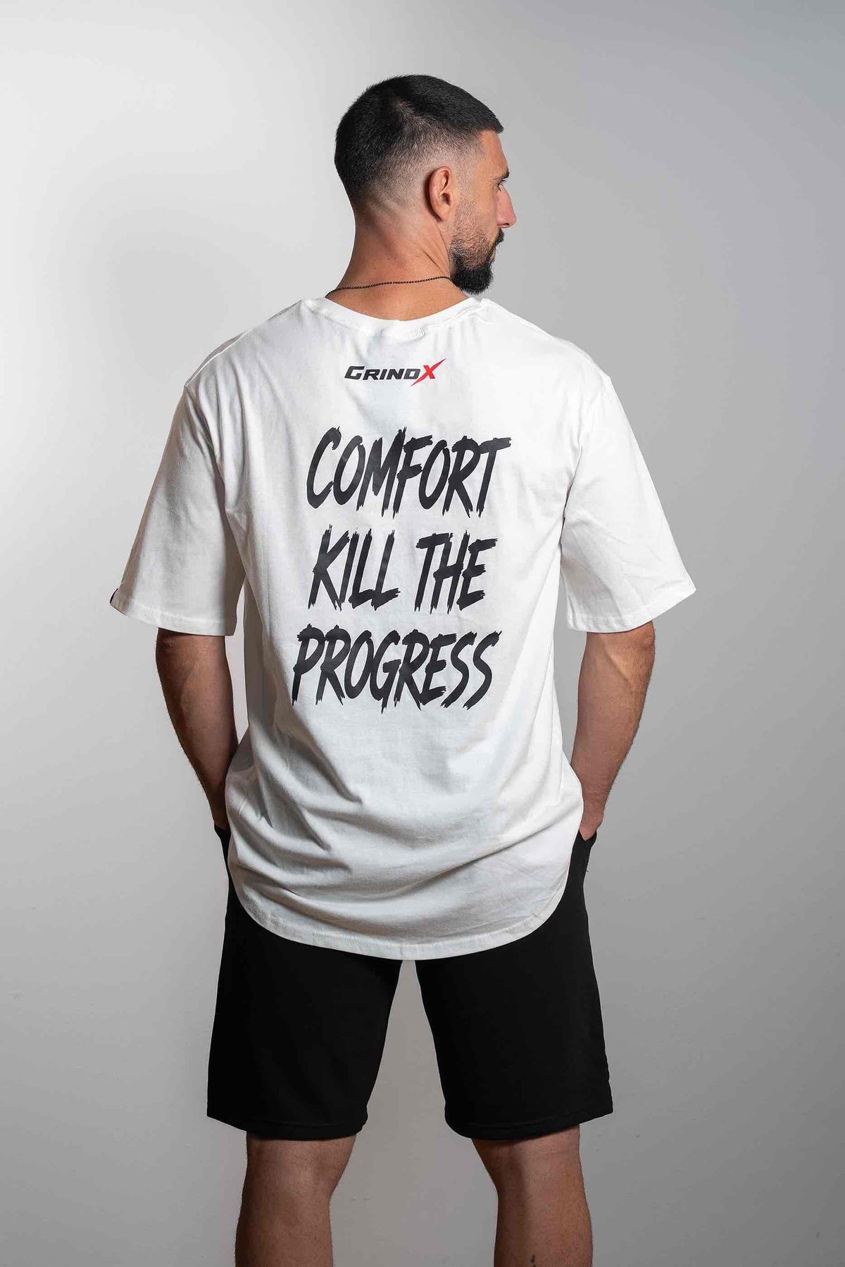 Comfort Kills the Progress – Oversized T-Shirt White – GRINDX ATHLETIC, άποψη 1/3